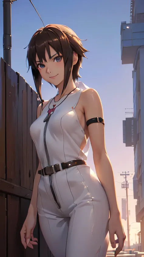 ((Final Fantasy (Yuna), (young girl, 16 years old, full body, naked body, dark hair, light skin, scarlet lips, smile; black, expressive playful eyes, long eyelashes)). ((Anime girl with brown hair hair and white dress with necklace, beautiful character pai...