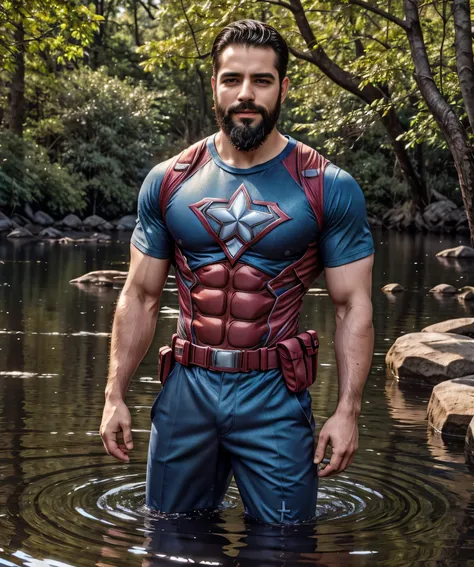 man in front of a serene lake, wearing a superhero shirt and sporting a beard. The man has captivating detailed eyes and a charming smile. The sunlight gently brushes against his face, casting a warm glow, while the water ripples delicately in the backgrou...