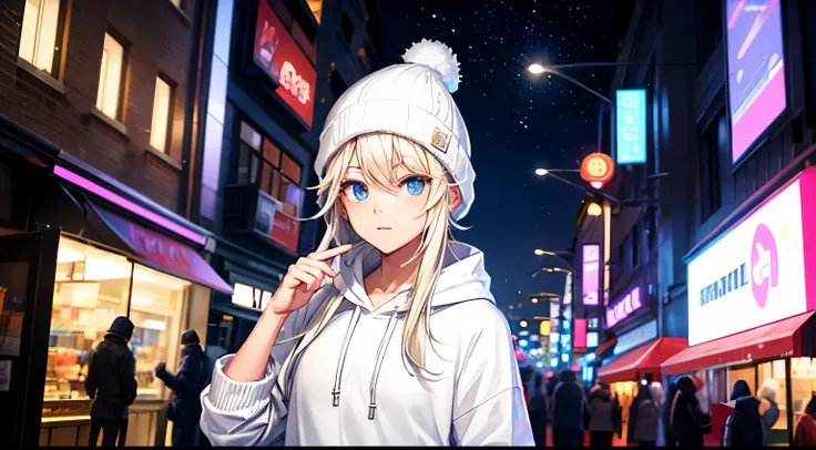 male　night　bustling street　white hoodie　Knitted hat　Neon Light　Perfect facial expression　Perfect hair description