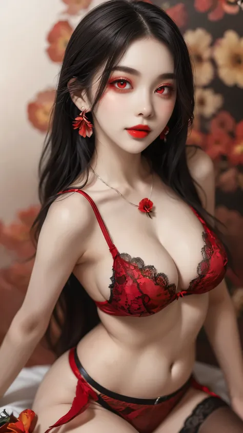 1 beautiful and sexy 20 year old girl, ((wearing super thin red lingerie with sexy black lace trim:1.8)), ((belt and ultra-thin black tights with straps attached to underwear:1.4)), ((long platinum hair:1.6)), bangs, elaborate jewelry made from gemstones a...