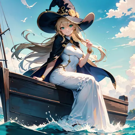 Anime Moe Art Style,highest quality,High resolution,Anatomically correct,One Woman,late teens,Delicate and beautiful face,Blonde,Super long hair,Straight Hair,Her hair is straight down,Green Eyes,Super detailed,witch,White hat with gold trim,White cloak wi...