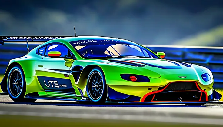 masterpiece, best quality, aston martin v8 vantage amr gte, le mans race track, in motion, full specular sharpened 3d, hdr, uhd,...