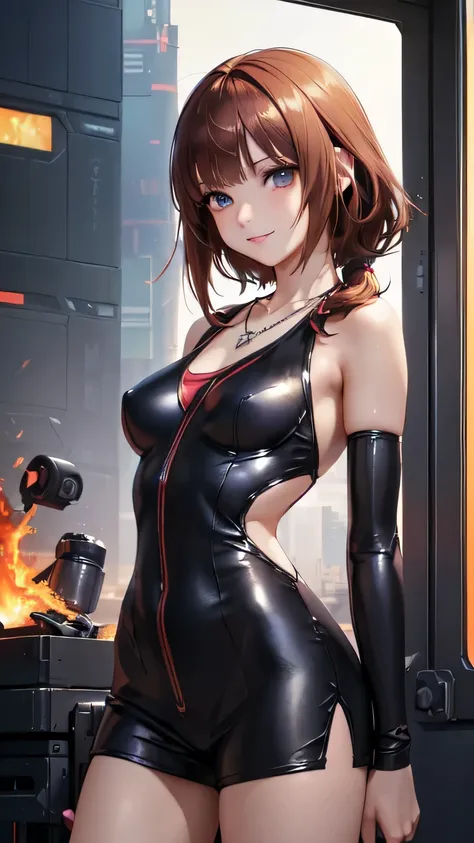 ((Final Fantasy (Yuna), young girl, 16 years old, full body, naked body, dark hair, light skin, scarlet lips, smile; black, expressive playful eyes, long eyelashes)). ((Anime girl with brown hair hair and white short fire dress with necklace, beautiful cha...