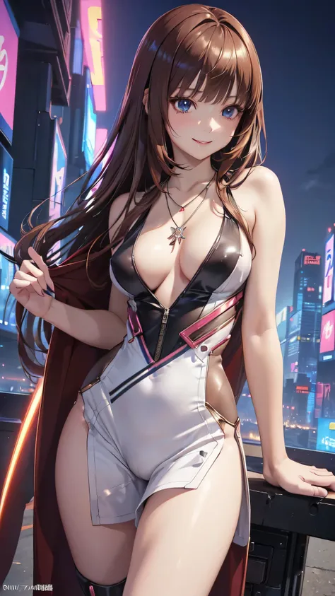 ((Final Fantasy (Yuna), young girl, 16 years old, full body, naked body, dark hair, light skin, scarlet lips, smile; black, expressive playful eyes, long eyelashes)). ((Anime girl with brown hair hair and white short fire dress with necklace, beautiful cha...