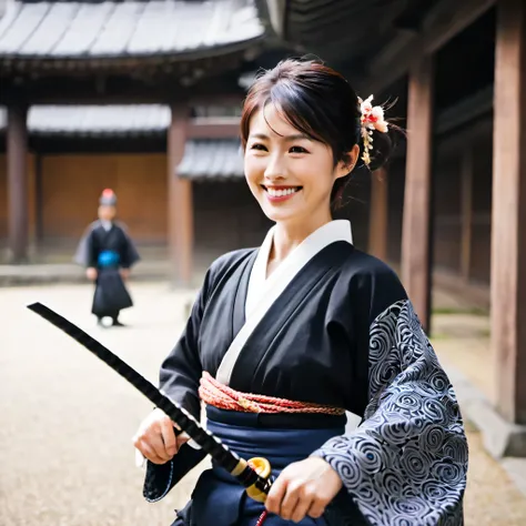 Japanese woman in traditional Japanese clothes smiles sweetly while holding a samurai because he is a ninja at the temple