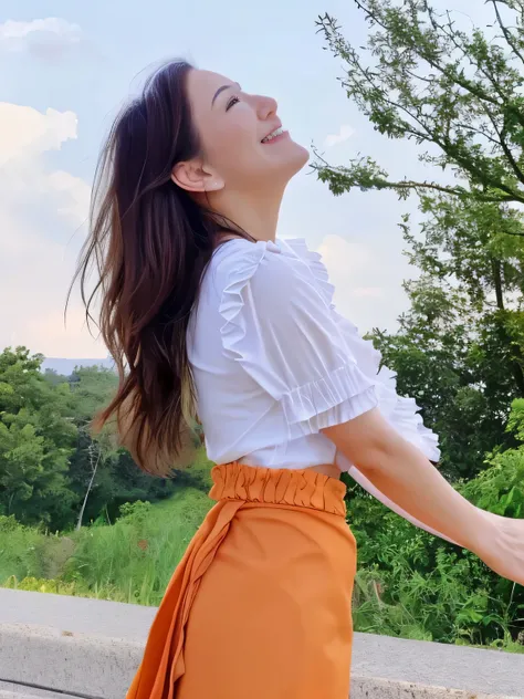 Japanese　Beautiful woman　smile　Beauty　Large Breasts　　Gazing into the distance　Full body photography　Beautiful face　　Standing looking up at the sky　Long Hair　　Orange ruffle skirt　White blouse