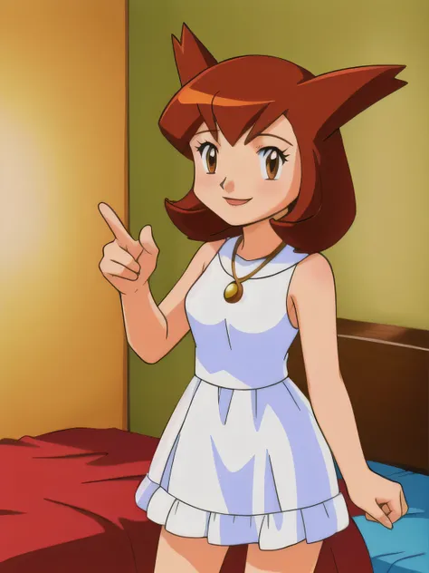 Pokemon Heroes (Bianca), Brown Hair, brown eyes, sleeveless, a black diamond heart necklace, smile, Fancy white dress, standing, bedroom, hd, soft focus, 1girl, solo, vibrant, cowboy shot, masterpiece