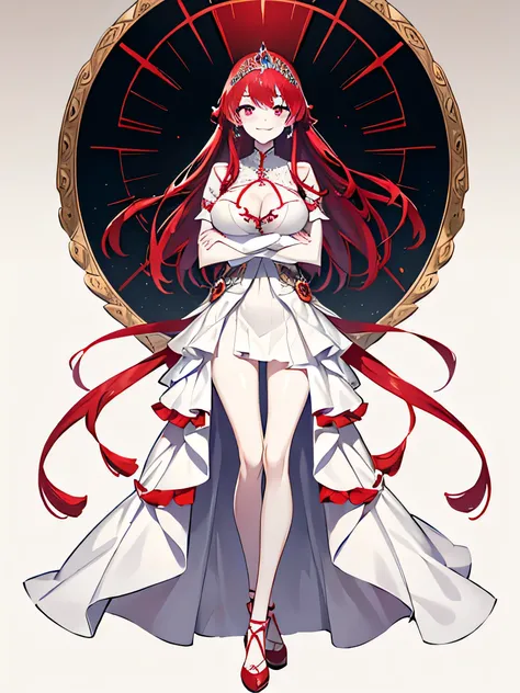 masterpiece,best quality,Beautiful detailed,grin smile,odd eyes,princess girl,long dress outfit,red hair,big breast,beauty hipline,pale white skin,full body,tassel on clothes,order of merit on clothes,silver tiara,(crossed arms)