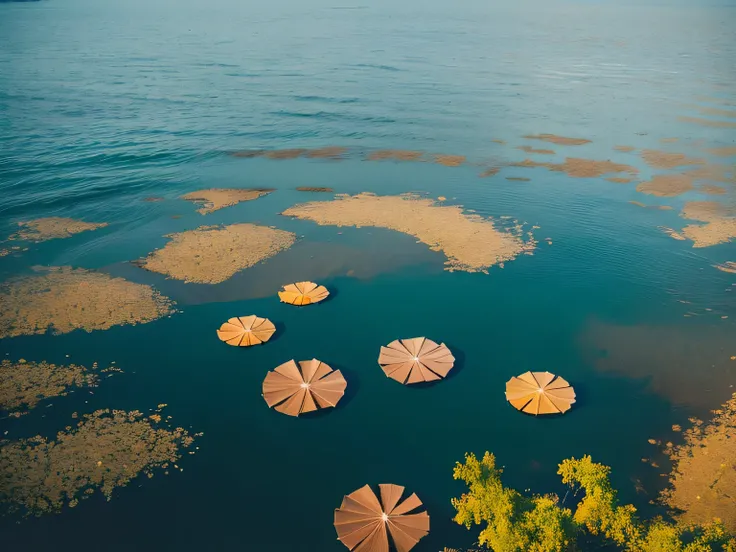 Fallen leaves float on the water，float，calm waters，autumn，best quality，masterpiece，（Soft colors：1.2）