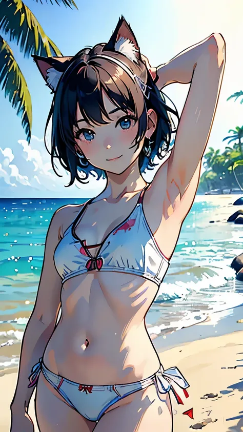 (highest quality, masterpiece, High resolution)、4K Anime Art、(1 beautiful Japan woman、20-year-old)、(Dancing happily on the beach)、 (Detailed depiction of a beautiful face)、Smiling Kindly、Small breasts、Slim figure、(Cat ear)、Medium Short Hair、(Swim shorts an...