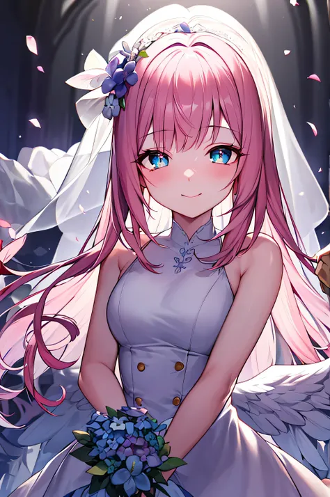 masterpiece, best quality, high resolution, unified 8k wallpaper, Pink Hair, 1 girl, Headband, Long hair, wedding dress, mini skirt, wedding_veil, , bouquet,  Sea of Flowers, Cowboy shooting, Looking at the audience, grassland，fluttering petals，Smile，Mediu...