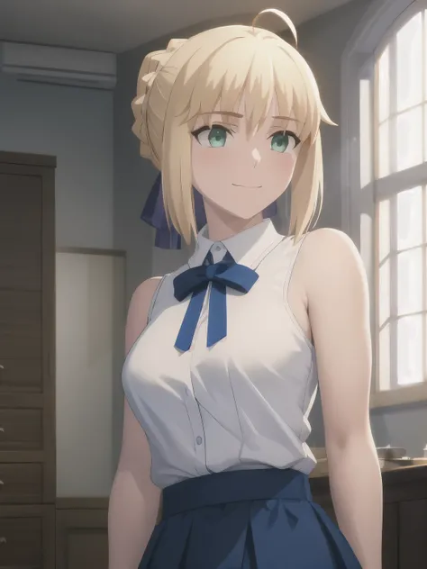 best quality, masterpiece, highres, ray_tracing_graphic, solo, adult_female, {saber_fatestaynightufotable:1.15}, blonde_hair, little_ahoge, green_eyes, blue_ribbon, 1girl, anime_coloring, upper_body, happy, little_smile, five_fingers, blush, white_tanktop,...