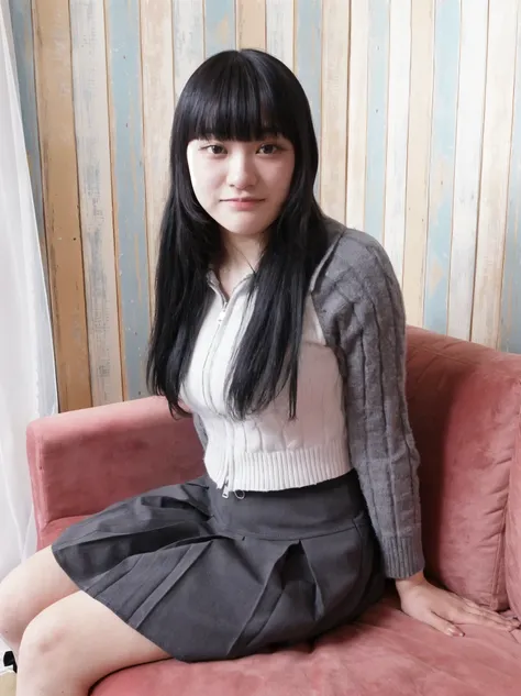 arafed asian woman sitting on a pink couch in a room, with straight black hair, sui ishida with black hair, taken with canon eos 5 d, portrait of a japanese teen, taken with a canon eos 5 d, taken with a canon eos 5d, of a youthful japanese girl, ai yazawa...