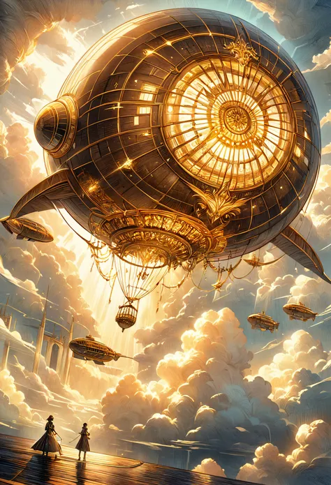 a beautiful ivory and gold dirigible floating gracefully amongst the clouds. the dirigible has intricate details with its ivory-...