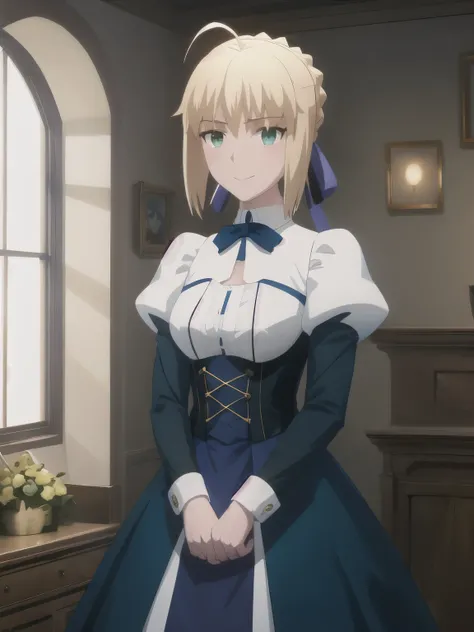 best quality, masterpiece, highres, ray_tracing_graphic, solo, adult_female, {saber_fatestaynightufotable:1.15}, blonde_hair, little_ahoge, green_eyes, blue_ribbon, 1girl, anime_coloring, upper_body, happy, little_smile, five_fingers, blush, basket_outfit,...