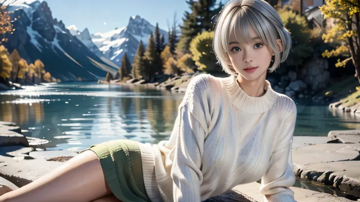 ♥(White knit sweater and mini skirt),((1girl,cute,young,pixie cut beautiful silver blonde hair,blunt bangs,beautiful green eyes)),(solo),((masterpiece, highest resolution,best quality)),((realistic:1.5,Beautiful girl RAW photo)),(looking at the viewer), in...