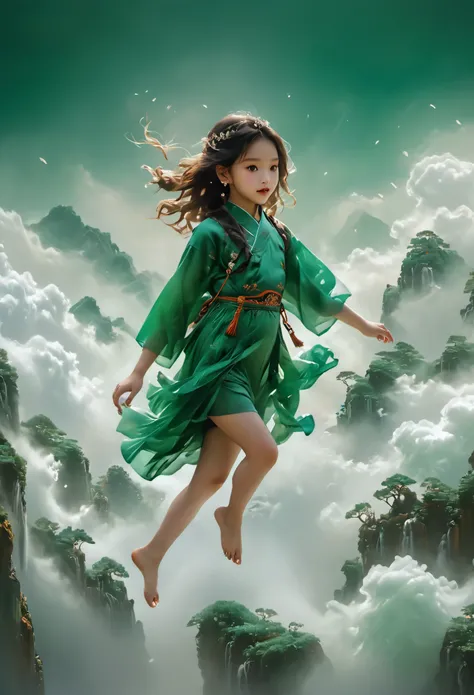 Photography of an adorable girl in modern attire, carrying a backpack, floating:2，bare foot, joyfully leaping and stepping on jade-colored auspicious clouds. Her entire body embodies the texture of jade, with hues of white and jade green, captured in a rea...