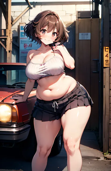 Anime illustration、highest quality、A short and plump high school girl、Tube top、Work clothes、cargo pantessy garage、Maintaining the robot、Perfect proportions、overwhelmingly big breasts、Beautiful, shining eyes、Blushed、smile