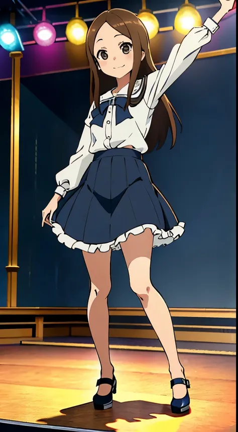 (Realistic),(Realistic),Takagi_Mr. Miss., Height 155 cm，One Girl, Long Hair,Brown Hair, Parted bangs, Brown eyes, ((Idolのコスプレ))，Idol，Navy blue ribbon，Black blouse with white frills，Black skirt with white ruffles,(Provocative smile), whole body, (((dance)))...