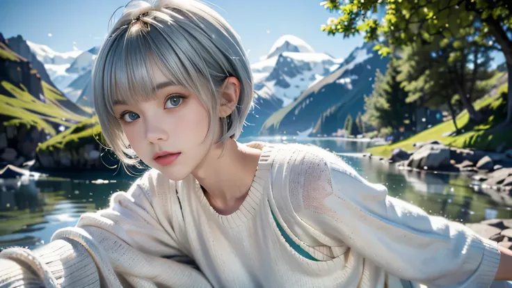 ♥(ベージュの knit sweater and mini skirt),((1girl,cute,young,pixie cut beautiful silver blonde hair,blunt bangs,beautiful green eyes)),(solo),((masterpiece, highest resolution,best quality)),((realistic:1.5,Beautiful girl RAW photo)),(looking at the viewer),cin...