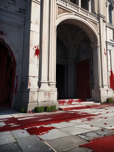 The collapsed royal palace background, ultra HD, ultra detail,Lots of blood on the walls,Blood on the street