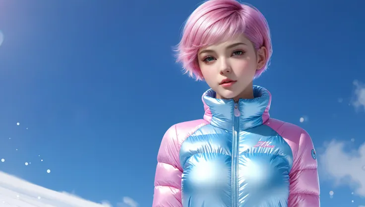 (best quality,highres,ultra-detailed,realistic,masterpiece:1.2), girl in opened puffer jumpsuit, small breasts, small hips, pixi...