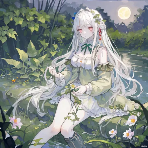 (masterpiece, highest quality), A girl with long white hair sitting in a field with green plants and flowers, Warm moonlight, Blurred foreground, change, River bank, Bra shorts, Strange Eyes