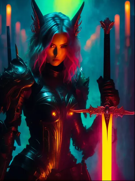 Cyberpunk helllady warrior in neon mecha armor，female swordsman Holding a sword in a pool of blood，solo，1sword，Luminescence&#39;s light eyes，Devil&#39;s Wings，Wide-angle lens，biology，weird，Creepy，nightmarish，Very bright neon colors，Light Particles，Luminesc...