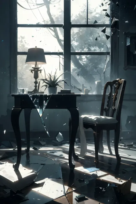 In the depths of a dark room, there lies a broken dark glass table, where shards of glass reflect the dimly lit surroundings. The table, once sleek and polished, now exudes an air of mystery and intrigue with its cracked surface. The room remains shrouded ...