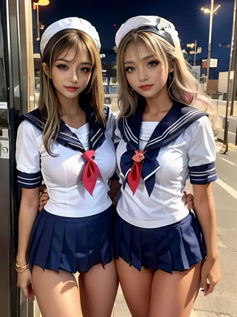 ミニスカートを履いたTwo peopleのhigh school girl:1.9,((Two people high school girl:2)),((Two people:2)),Dynamic Angle, Perfect body, night,moonlight,Exterior lights,Gal, (Anatomically correct),masterpiece, highest quality, RAW Photos, Realistic, face,Beautiful girls,...