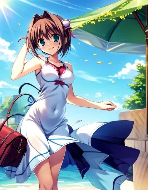 asakura_yume,brown hair,medium chest,aqua eye,white skin,city,((are standing)),smile,((breast augmentation)),(((summer dresses_k...