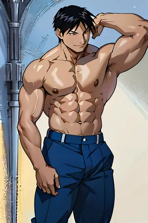 Roy Mustang from Fullmetal Alchemist, con un par de chicas lindas a cada lado, sonrisa presumida, Pelo negro, joven man, solo, raised muscle, hermosa musculatura, aesthetic stretch marks, Inspiring physique, lean muscle, pectorales cuadrados, hermoso cono ...