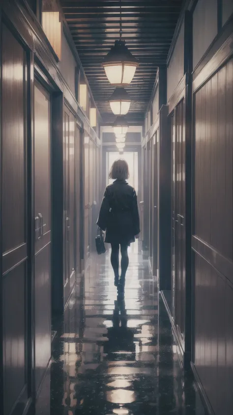 ((Inside the dark lighting,Inside the Japanese hotel’s corridors,inside the dim corridor)),((outside the window in night city is burning)),one woman,20 years old woman,she’s wearing army style clothes,short blonde hair,she’s walking the corridor