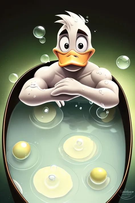 (2D animation, male anthro duck, full body, cartoony style, bath tub, bubbles, muscular build, relaxed expression, water droplets, cute face, detailed body, vibrant colors, whimsical, playful, solo scene, trending on DeviantArt, high contrast, expressive e...