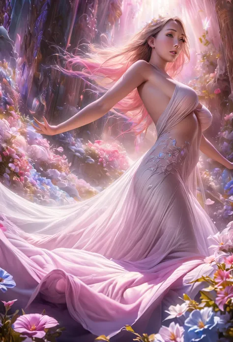 (best quality,4k,8k,highres,masterpiece:1.2),ultra-detailed,(realistic,photorealistic,photo-realistic:1.37),goddess, she is floating, she hovers over ground, sheer delicate silks, light source, gentle divine radiance, field of flowers, ethereal, graceful, ...