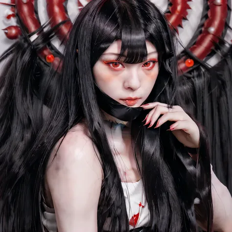 ((Traditional japanese), ((long black hair)) ((bangs covering the right side of her face)), ((pale face)), ((sharp eye)), ((crimson pupil))