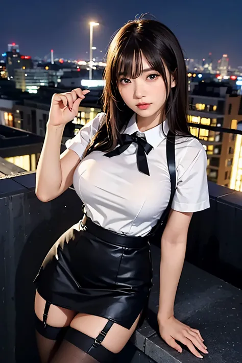 ((Midnight, highest quality, 8k, masterpiece :1.3)), whole body, Long legs, Sharp focus :1.2, Beautiful woman with perfect figure :1.4, Slim Abs :1.1, ((Dark brown hair, Big Breasts :1.2)), (White tight T-shirt, Jean Bib, Are standing:1.2), ((Night city vi...