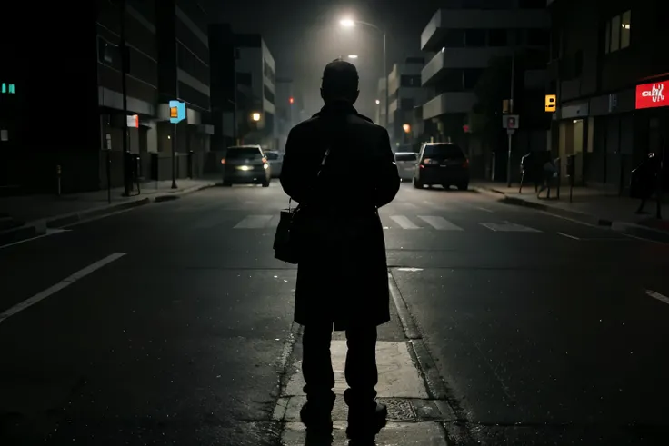 a picture of man that we see from behind, standing on one side of crosswalk looking at the hospital on the side, while holding a bag in one hand. it late in night and streets are dark , empty and kind of foggy like a horror video game. the man is not stand...