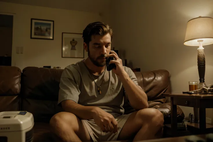 a picture of a man in an American 2000 home, sitting on couch talking with phone anxiously . on small short table in front of him is an ashtray completely full, some empty beer bottles.