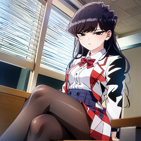 komiShouko, masterpiece, best quality, absurdres, 1girl, looking at viewer, v arms, pantyhose, classroom, , red skirt, red bow, blazer, window, sitting, chair, crowd,crossing legs,medium thighs.