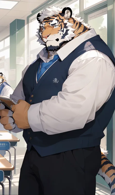 hairy，（tiger，Blue and white long-sleeved school uniform：1.3，Against the wall：1.3）beard，Golden fur，（Tears：1.3），student，male，Common，At the classroom door，full-body shot，Real background，极其lifelike阴影，masterpiece，Very detailed，lifelike。