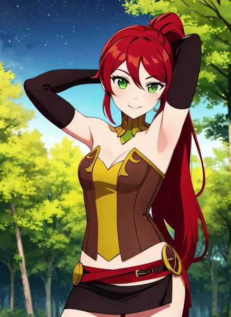 ((best quality)), ((highly detailed)), absurdres, (detailed eyes, deep eyes), (1girl), pyrrha nikos, rwby, red hair, ponytail, green eyes, medium breasts, smiling, circlet, bustier, bare shoulders, skirt, elbow gloves, bracers, solo, (cowboy shot:1.5), nig...