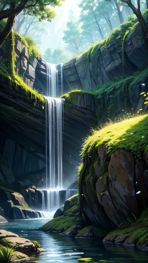 anime-style depiction of a tranquil waterfall hidden deep within a lush forest. Sunlight filters through the canopy above, casting a warm glow on the moss-covered rocks and crystal-clear waters below. Butterflies dance in the air, adding to the serene atmo...