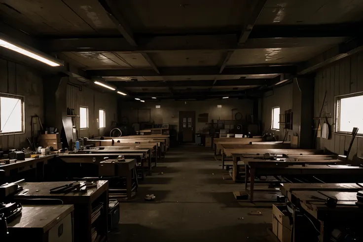 a picture of a 2000 American workshop, with tool, while the setting is gloomy and dark like in a horror movie.