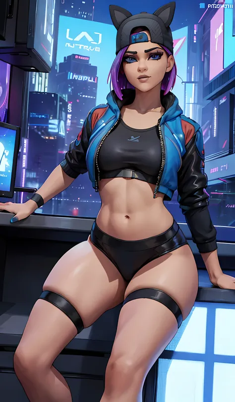 1 chica, sentada, cyberpunk Noche, chaqueta Azul, jogger Negro, Extremadamente detallado, rostro detallado ,gorra ,pies ,hermoso rostro detallado, ojos detallados, dynamic pose 