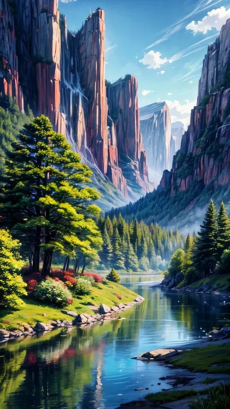 an anime-style portrayal of a secluded valley surrounded by towering mountains and dense forests. A gentle stream winds its way through the valley, reflecting the vibrant colors of the surrounding foliage. Birds chirp happily in the trees, while deer graze...