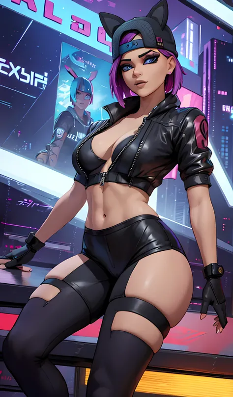 1 chica, sentada, cyberpunk Noche, chaqueta Azul, jogger Negro, Extremadamente detallado, rostro detallado , gorra ,hermoso rostro detallado, ojos detallados, dynamic pose 