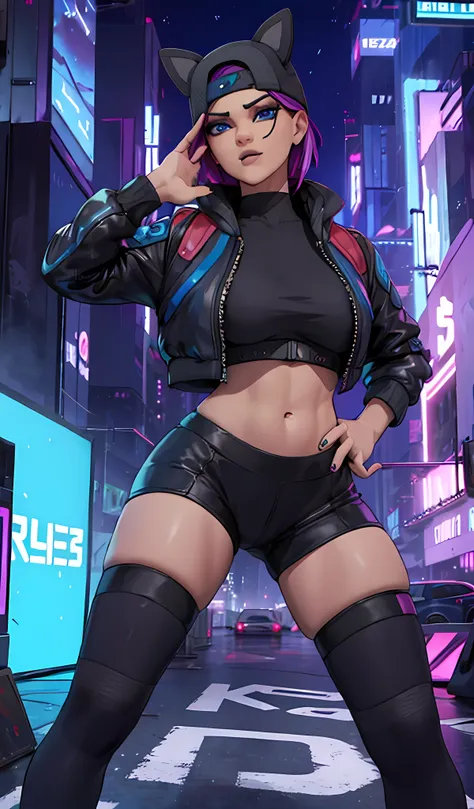 1 chica, sentada, cyberpunk Noche, chaqueta Azul, jogger Negro, Extremadamente detallado, rostro detallado ,gorra ,pies ,hermoso rostro detallado, ojos detallados, dynamic pose 