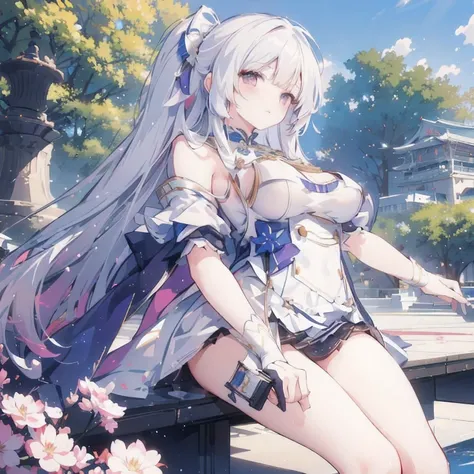 anime girl with long hair and white dress posing in front of a fountain, from the azur lane videogame, azur lane style, characters from azur lane, cushart krenz key art feminine, ayaka genshin impact, anime goddess, smooth anime cg art, white haired deity,...