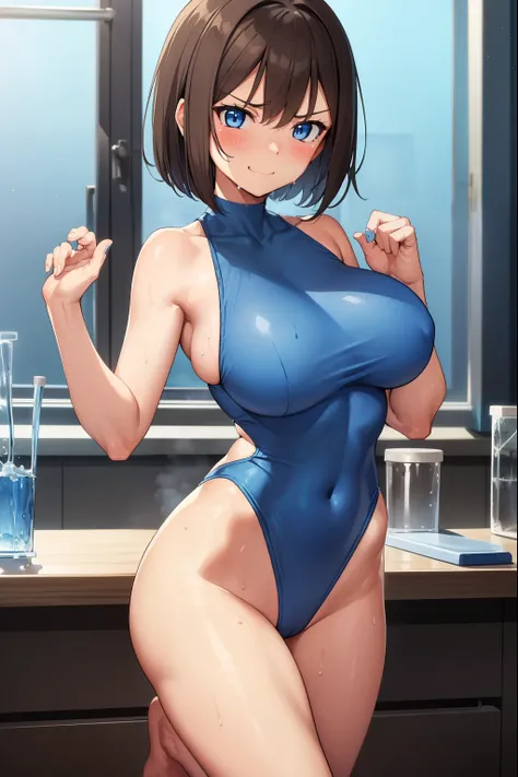 1 girl,Blue leotard,Super High Leg Cut,blue eyes,Serious face,Brown Hair,Bob Hair,Science room,Science Lab,Big Breasts,blush,Sweat,barefoot,bare hands,thin,Embarrassing,Cowboy Shot,dark,shy,smile,tickle,saliva,Standing,